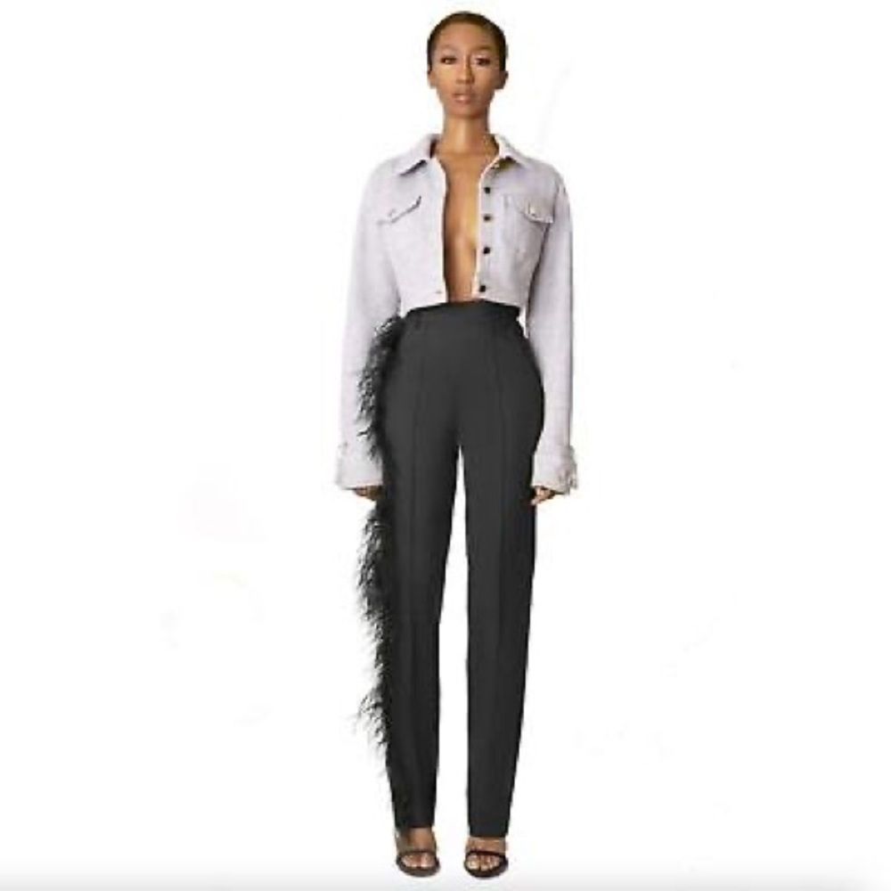 Hanifa Black Feather-Trimmed Ava Pants (NWT)